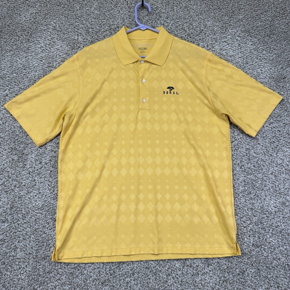 Greg Norman Golf Polo Shirt Men L Yellow AOP Diamond Textured Doral Country Club
